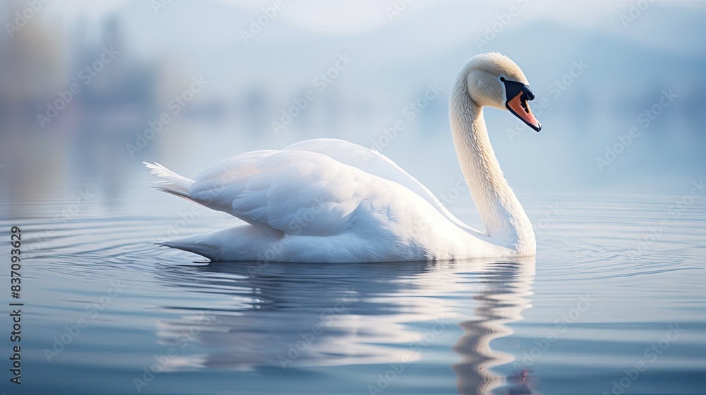 Elegant swan on calm lake, smooth glide, symmetrical reflection, meditative ambience. Elegant swan on calm lake, smooth glide, symmetrical reflection, meditative ambience.