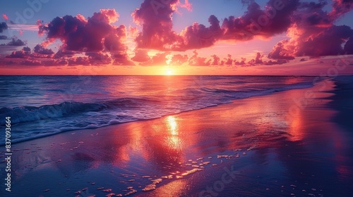 Stunning Sunset at Beach with Clouds and Vibrant Colors.