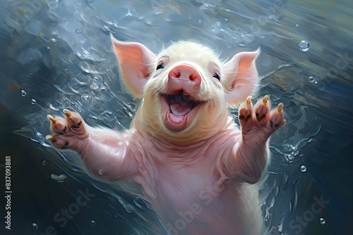 Euphoric happy piglet joyfully dances with glee in wood.