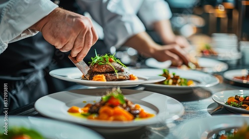 A chef plating a beautifully arranged freshly cooked dish  fine dining theme  side view  meticulous presentation  digital tone  complementary color scheme