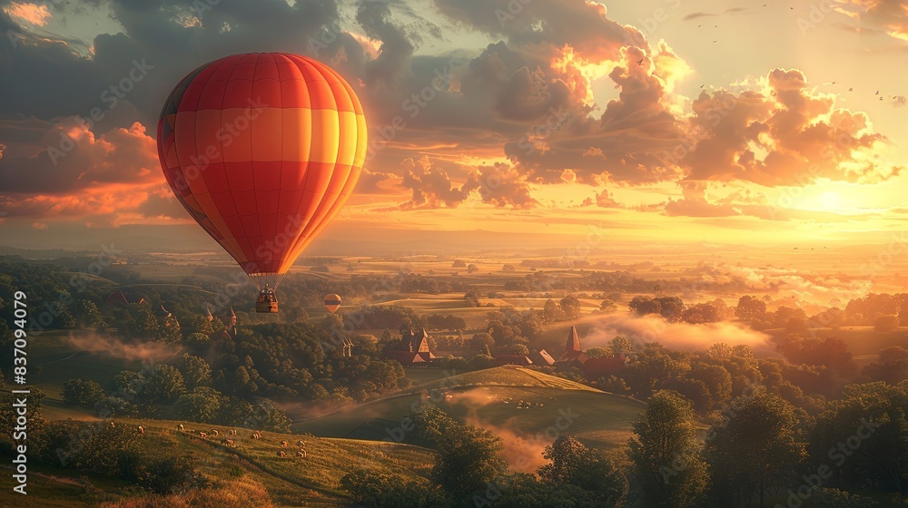 Obraz premium Graceful Hot Air Balloon Drifting Over Picturesque Landscape at Dawn with Soft Warm Light. Magical Moment Captured in Serene and Tranquil Atmosphere, Perfect for Adventure and Travel Enthusiasts.
