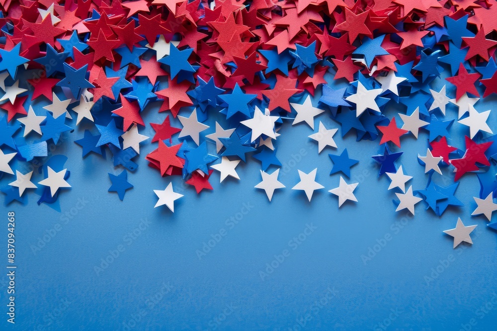 Red, white, and blue star-shaped confetti scattered on a blue background, perfect for patriotic celebrations and festive occasions. Red, white, and blue star-shaped confetti scattered on a blue background, perfect for patriotic celebrations and festive occasions.