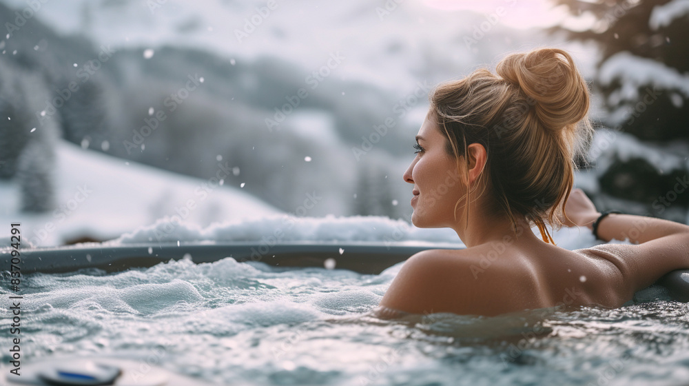 An intimate perspective: Young Woman immersed in the soothing waters of a Hot Tub, surrounded by snowy Mountains, epitomizing the essence of winter relaxation