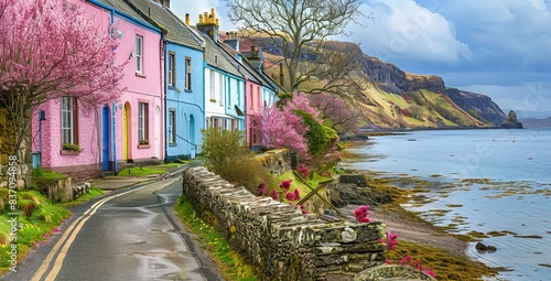 A scenic view of a coastal village with vibrant colored houses, suitable as a backdrop or abstract wallpaper concept