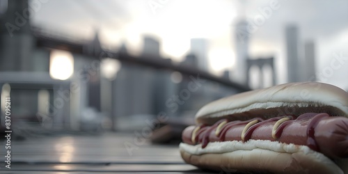 Iconic New York City hot dog stands against backdrop of Brooklyn Bridge. Concept New York City, Hot Dog Stands, Brooklyn Bridge, Iconic Landmarks, Cityscape photo
