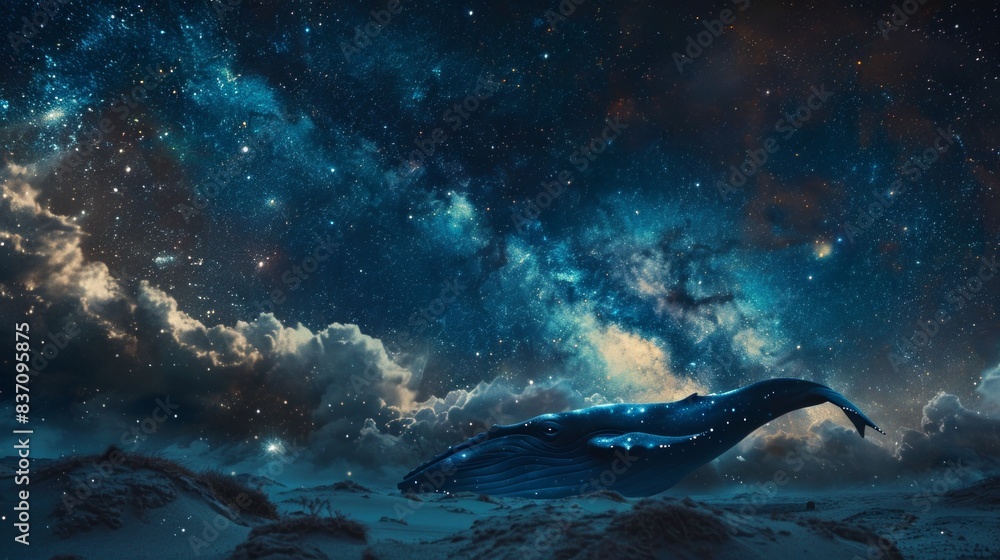 Fototapeta premium big glowing whale swimming in the night sky in Milky Way.