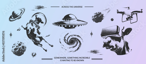 Trendy grunge texture cosmo universe set with a flying cow astronaut, cow in vr glasses. Dotted stipplism photocopy texture. Y2k vintage elements for design , meteor, galactic, planet