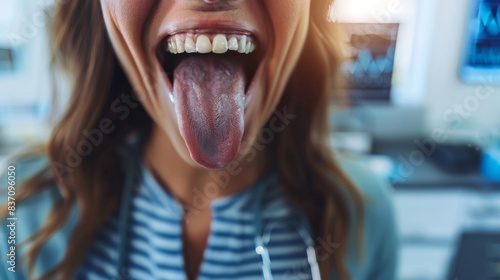 A closeup of a person sticking out their tongue, medical examination theme, front view, detailed and clear, advanced tone, vivid colors photo