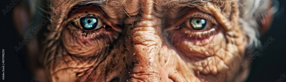 A detailed closeup of an elderly persons face, showing deep wrinkles and expressive eyes, aging theme, front view, character and wisdom, digital tone, complementary color scheme A detailed closeup of an elderly persons face, showing deep wrinkles and expressive eyes, aging theme, front view, character and wisdom, digital tone, complementary color scheme