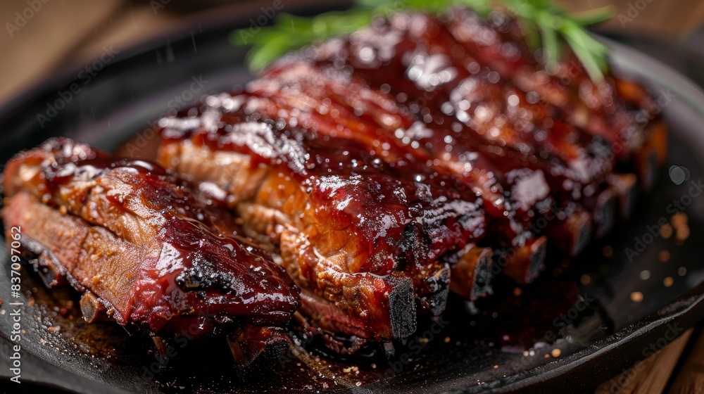 A closeup of juicy barbecue pork on a plate, gourmet theme, top view, mouthwatering presentation, futuristic tone, monochromatic color scheme A closeup of juicy barbecue pork on a plate, gourmet theme, top view, mouthwatering presentation, futuristic tone, monochromatic color scheme