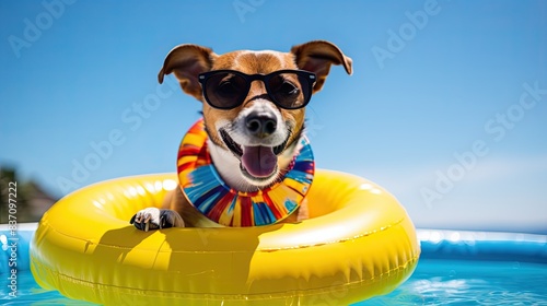 Joyful dog in sunglasses and inflatable ring, bright blue and yellow sunny background © neirfy