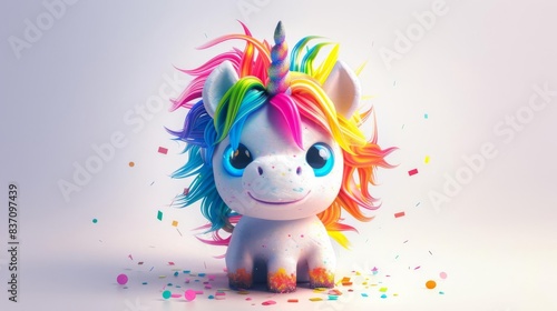 Adorable chibi monster character, art toyinspired, designed as a fantastical unicorn with wild, colorful mane and sparkling eyes photo