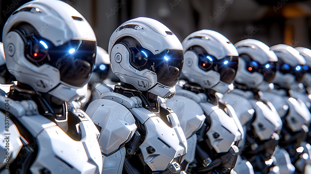 Futuristic sci fi robot technology lined up like soldiers, humanoid mechanical armor, cybernetic uniform Futuristic sci fi robot technology lined up like soldiers, humanoid mechanical armor, cybernetic uniform