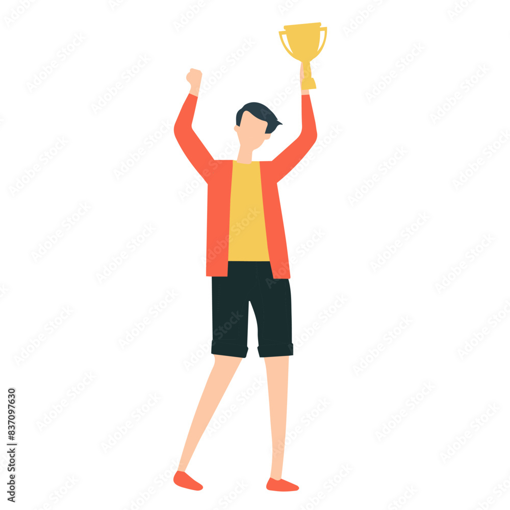 The winning man holds the first prize cup in his hands. Concept of success and business achievements. The winning man holds the first prize cup in his hands. Concept of success and business achievements.