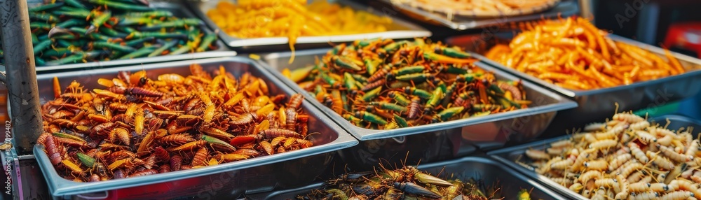 A market stall selling fried insects, local delicacies theme, top view, vibrant atmosphere, futuristic tone, colored pastel A market stall selling fried insects, local delicacies theme, top view, vibrant atmosphere, futuristic tone, colored pastel