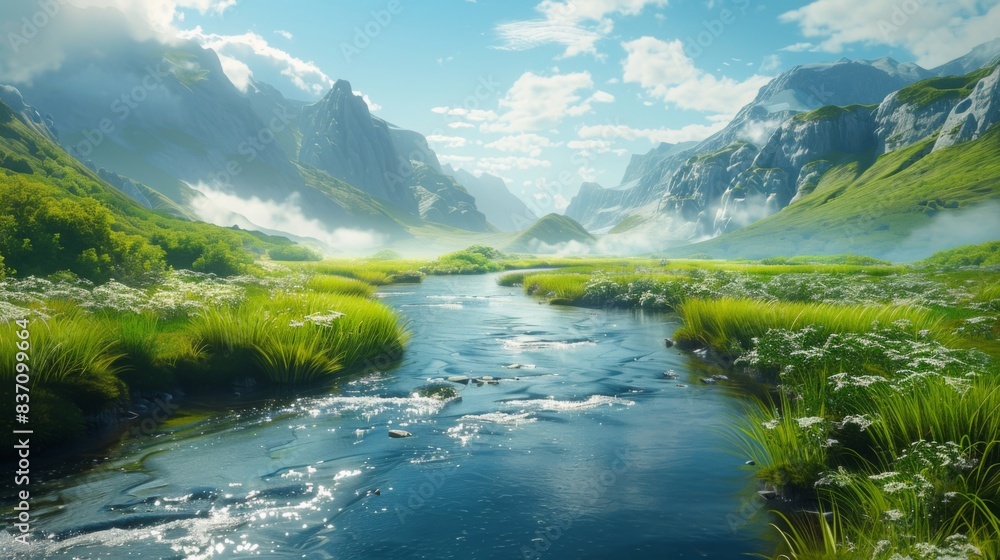 Fototapeta premium A tranquil mountain scene with a clear river flowing through a lush green valley, under a bright morning sky