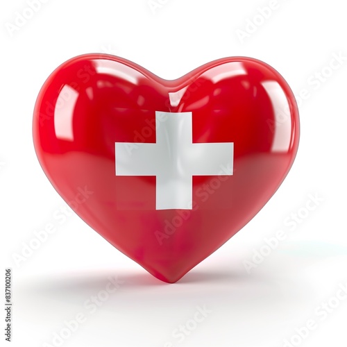 3d heart with the Switzerland flag on it, white background