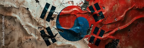 Detailed close-up of South Korea's flag with red and blue yin-yang symbol and black trigrams on a white background in a minimalistic style, Created with Generative AI. photo