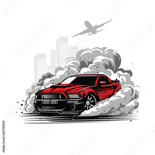 red car drift on city building