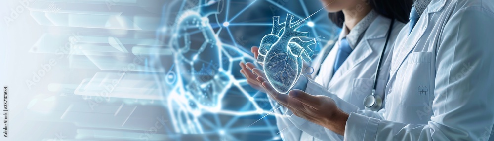 Fototapeta premium A doctor explaining heart disease risk factors to a patient, consultation theme, side view, informative and empathetic, digital tone, complementary color scheme