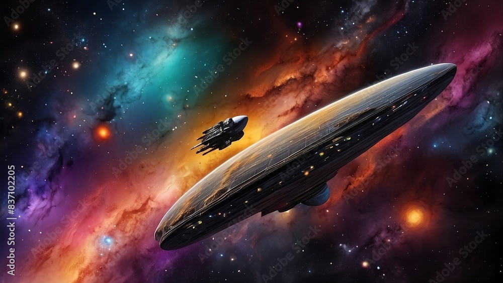 Interstellar Travel, spacecraft navigating through colorful nebulae and star systems Interstellar Travel, spacecraft navigating through colorful nebulae and star systems