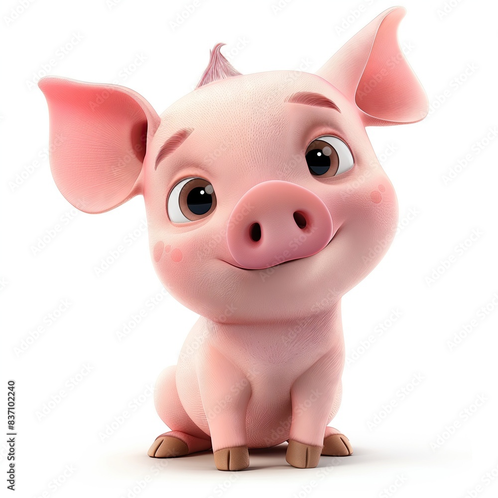 Adorable 3D Pink Pig Cartoon Character On White Background Adorable 3D Pink Pig Cartoon Character On White Background
