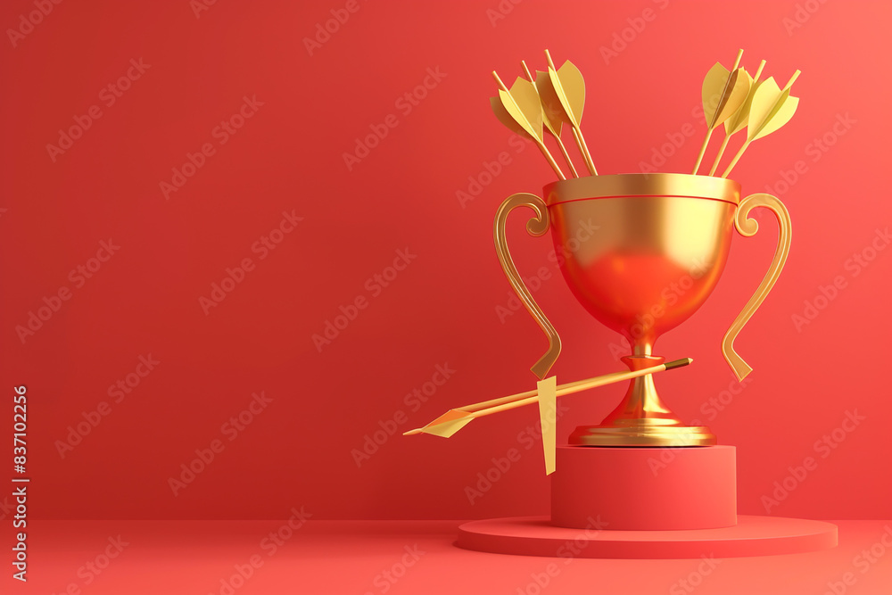Champion trophy, golden goblet and an arrow hitting the target Realistic 3D design of Winner prize, sports award, success concept in minimalistic cartoon style 3d rendering Champion trophy, golden goblet and an arrow hitting the target Realistic 3D design of Winner prize, sports award, success concept in minimalistic cartoon style 3d rendering