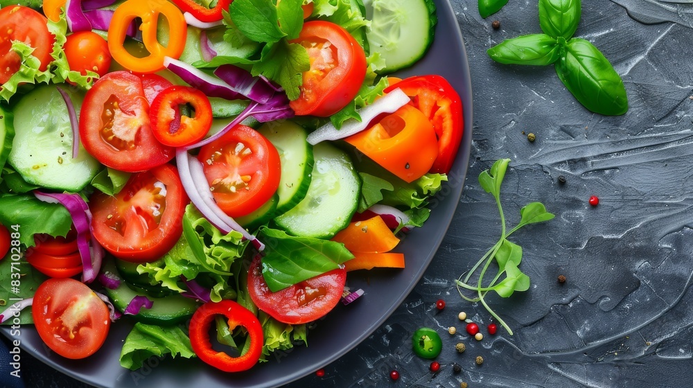 A colorful plate of vegan salad with fresh vegetables, healthy eating theme, top view, vibrant and nutritious, advanced tone, vivid colors A colorful plate of vegan salad with fresh vegetables, healthy eating theme, top view, vibrant and nutritious, advanced tone, vivid colors