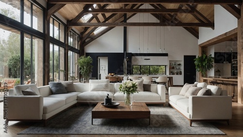 Vaulted ceiling in room with two white sofas and armchairs. Interior design of modern living room with timber beams. Created with generative AI