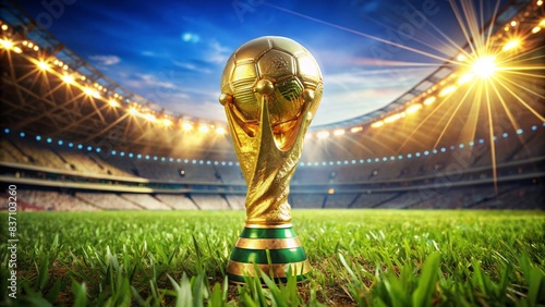 A soccer ball is sitting on a field next to a trophy