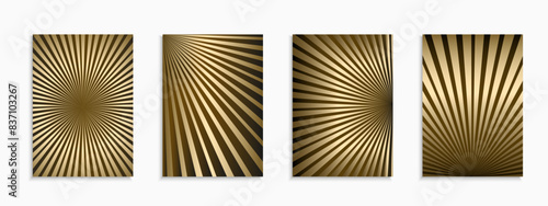 Collection of gold luxury striped shiny posters, templates, placards, brochures, banners, backgrounds, flyers and etc. Bright golden vintage covers. Rich creative design
