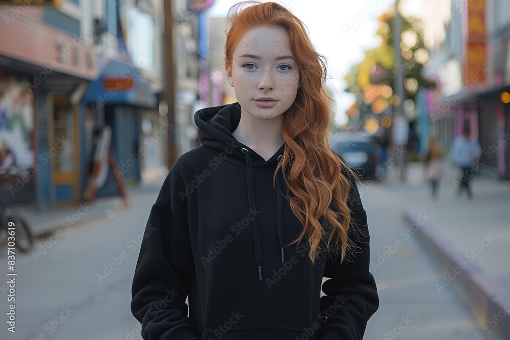 Redheaded woman in black hoodie on city street. Redheaded woman in black hoodie on city street.