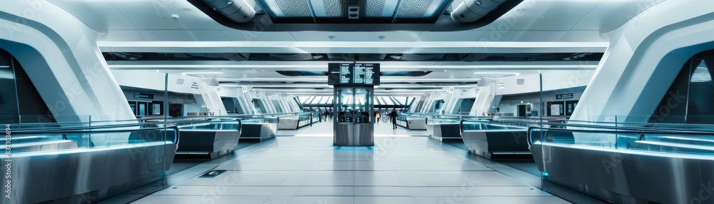 Obraz premium A modern airport checkin area with sleek design, futuristic theme, top view, efficiency in motion, advanced tone, monochromatic color scheme
