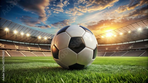 A soccer ball is on a field with a cloudy sky in the background