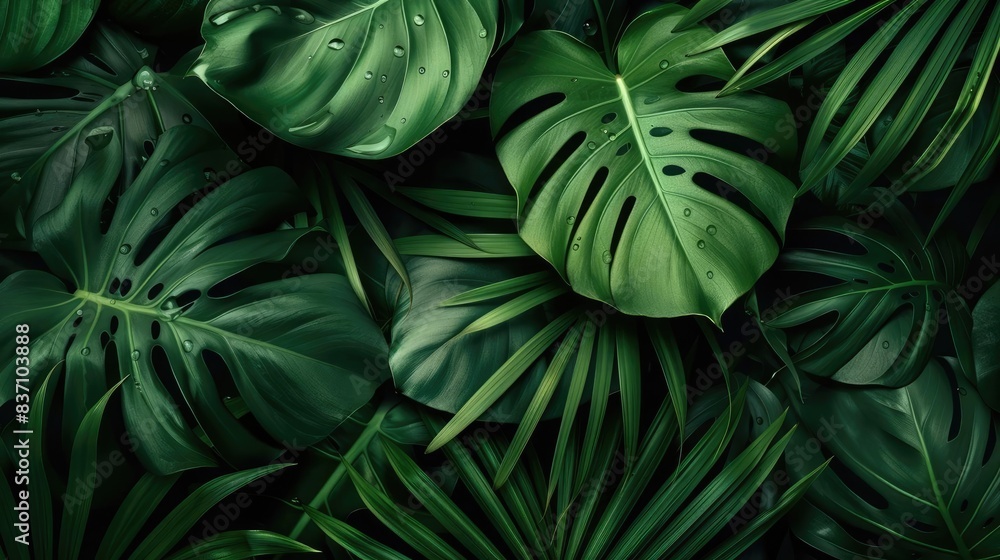Lush green tropical leaves background with various textured foliage, perfect for nature, botanical, and greenery themes. Lush green tropical leaves background with various textured foliage, perfect for nature, botanical, and greenery themes.