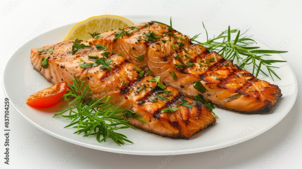 A plate of grilled salmon with a garnish of fresh herbs, omega3 theme, front view, appetizing and healthy, futuristic tone, colored pastel A plate of grilled salmon with a garnish of fresh herbs, omega3 theme, front view, appetizing and healthy, futuristic tone, colored pastel
