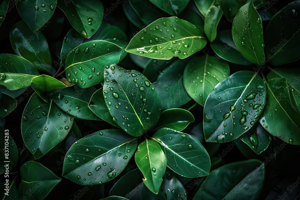 Close-up of vibrant green leaves covered in fresh raindrops, creating a serene and refreshing natural background perfect for various uses. Close-up of vibrant green leaves covered in fresh raindrops, creating a serene and refreshing natural background perfect for various uses.