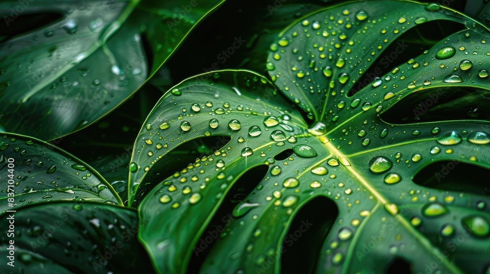 Close-up of vibrant green monstera leaves with water droplets, showcasing the natural beauty and freshness of tropical foliage. Close-up of vibrant green monstera leaves with water droplets, showcasing the natural beauty and freshness of tropical foliage.