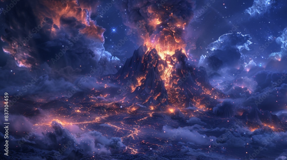 A dramatic volcanic eruption with streams of molten lava and dense ash clouds, set against a star-filled night sky A dramatic volcanic eruption with streams of molten lava and dense ash clouds, set against a star-filled night sky