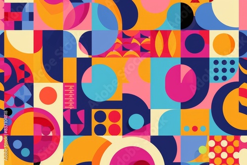 An abstract geometric background filled with cheerful shapes and bright colors, creating a lively and engaging visual experience. The pattern is versatile and can be used for various purposes, from