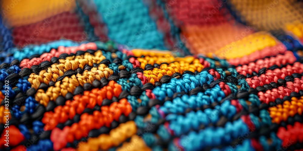 a close up of a colorful knitted blanket with yellow and red stripe on it a close up of a colorful knitted blanket with yellow and red stripe on it