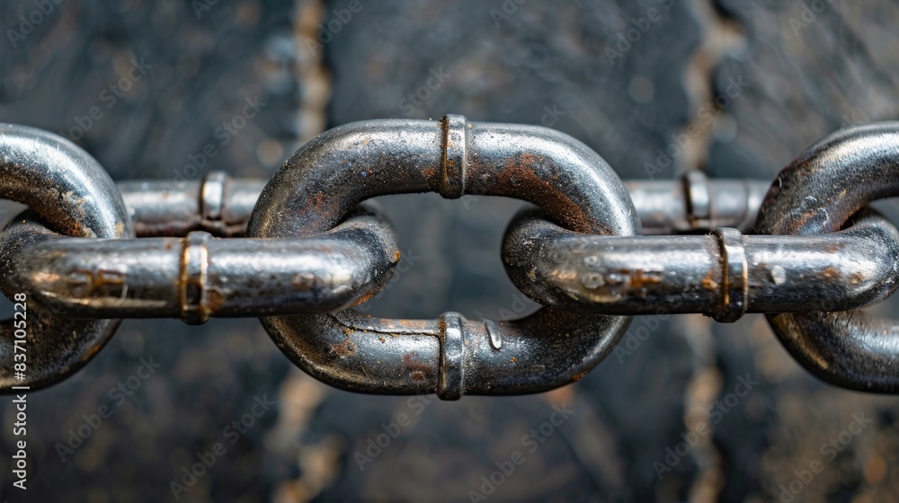 A close-up of a chain with tightly interlocked links, crafted from unbreakable metal A close-up of a chain with tightly interlocked links, crafted from unbreakable metal