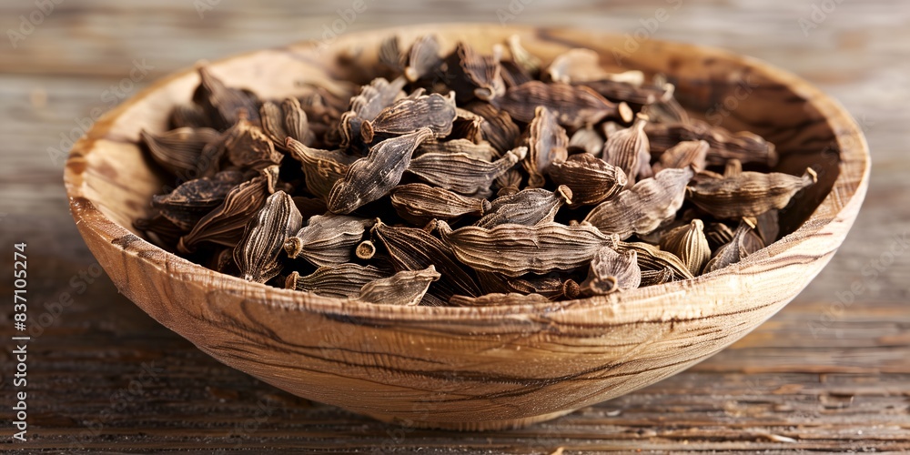 wooden bowl filled with dried cardamom seeds on a wooden table wooden bowl filled with dried cardamom seeds on a wooden table