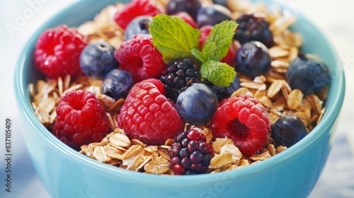 A bowl of mixed berries and oats, high fiber breakfast theme, top view, vibrant and healthy, advanced tone, vivid colors