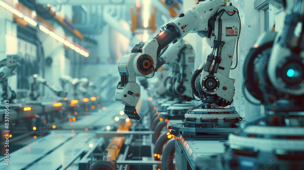 A futuristic industrial facility with automated robots, scifi theme, side view, hightech efficiency, cybernetic tone, triadic color scheme A futuristic industrial facility with automated robots, scifi theme, side view, hightech efficiency, cybernetic tone, triadic color scheme