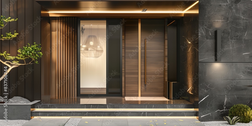 modern entrance with a tree and a vase of flowers on the steps to the entrance modern entrance with a tree and a vase of flowers on the steps to the entrance