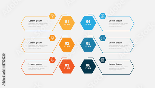 Business template infographic with 6 step or process suitable for workflow, business information, and web graphic design 