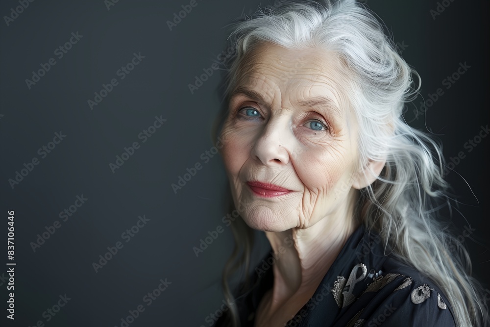 a woman with white hair and blue eyes looking up at the camera with a serious look on her face a woman with white hair and blue eyes looking up at the camera with a serious look on her face