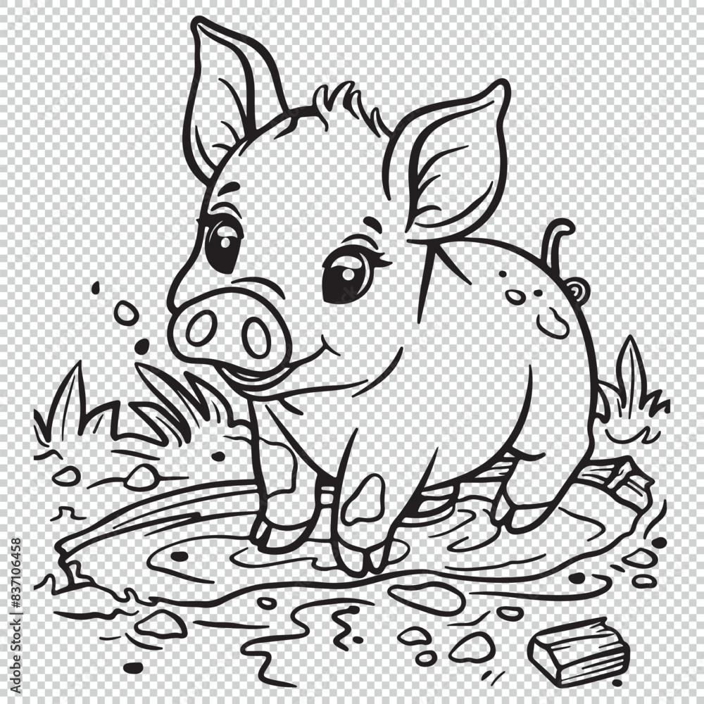 Fototapeta premium Cute simple muddy pig design, black vector illustration on transparent background