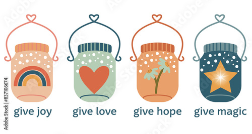 A cute sticker set with kindness thanks and love. Concept of kindness, love, thanks, hope and joy. Includes phrases and illustrations.